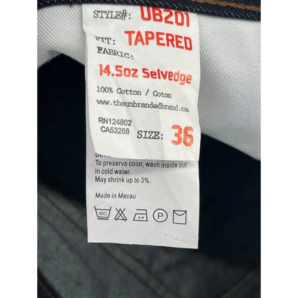 The Unbranded Brand UB201 Tapered Jeans Mens 36 Indigo 14.5oz Selvedge Raw Denim